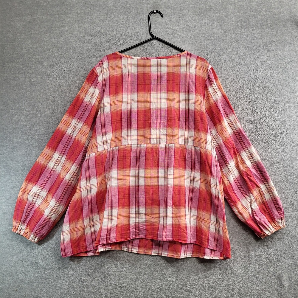 Lane Bryant Women‎ Top 26/28 Red Plaid Blouse Babydoll Smocked Long Sleeve - Picture 6 of 8